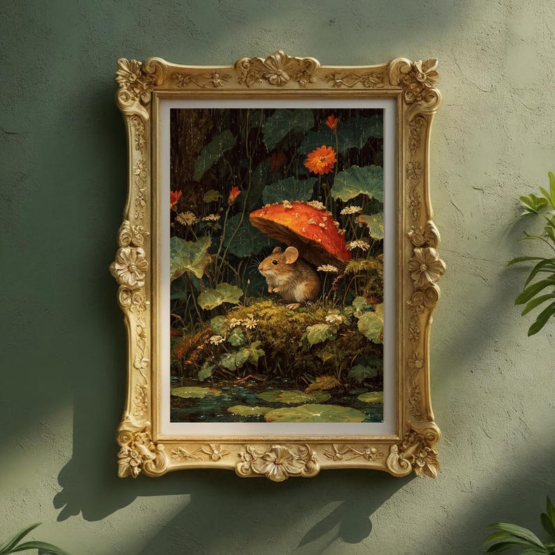 Fairycore mushroom art with a charming mouse illustration, ideal for woodland nursery or enchanted gallery walls.