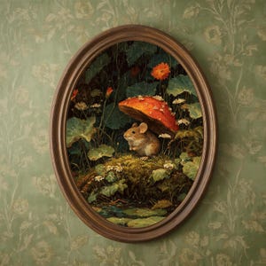 Puede incluir: Una pintura enmarcada ovalada representa un ratón refugiado bajo una seta roja y blanca. El ratón está sentado en una orilla musgosa rodeada de flores y follaje. La pintura está colocada sobre un papel pintado floral verde.