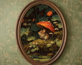 Mushroom Mouse Art Print | Whimsical Woodland Cottagecore Wall Decor, Enchanted Forest Fairycore Illustration, Sage Green Digital Download