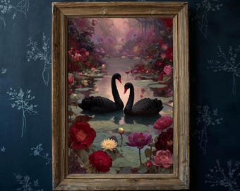 Gothic Swan Wall Art Print | Dark Romantic Botanical Decor | Moody Jewel Tone Fantasy Art | Valentine’s Day Gift
