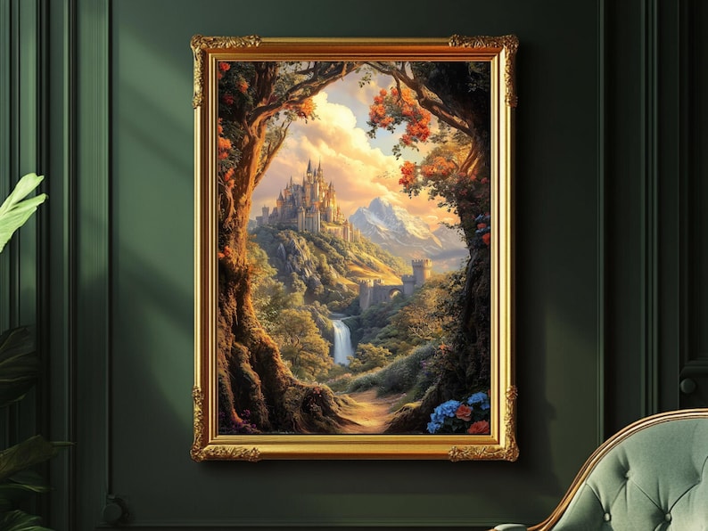 Romantic fantasy wall art featuring a golden castle nestled in lush mountains, framed in a vintage gold frame on a dark emerald wall. Perfect for romantasy decor, Throne of Glass inspired prints, and bookish gallery walls. Adds dramatic, whimsical elegance to fantasy-themed spaces.