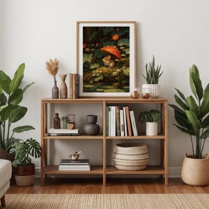 Woodland mouse and mushroom art illustration, whimsical digital print perfect for slow living and cottagecore style.
