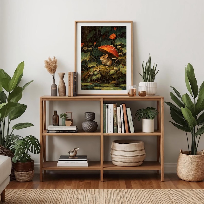 Woodland mouse and mushroom art illustration, whimsical digital print perfect for slow living and cottagecore style.