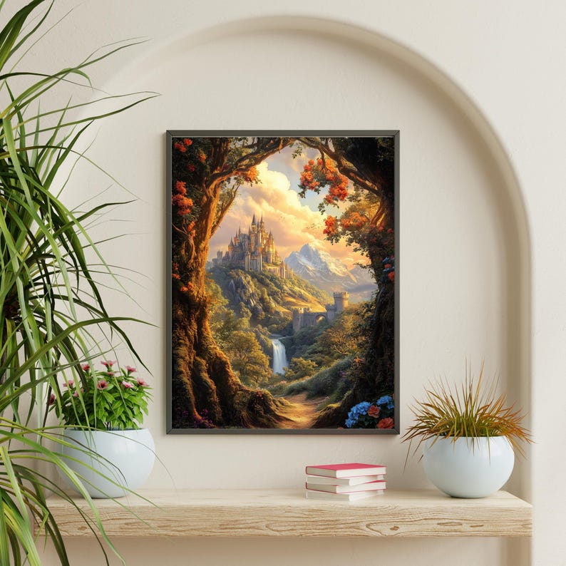 Framed fantasy landscape art print of a golden castle in the mountains, surrounded by fall foliage and whimsical lighting. Displayed in a neutral arched wall niche with soft plants and books. Ideal for romantic book decor, TOG-inspired rooms, and dark academia home styling.