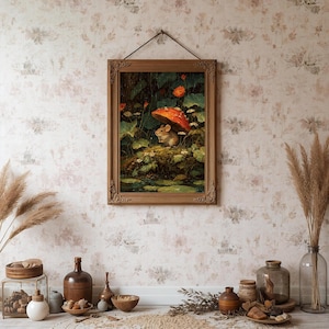 Enchanted mushroom art print featuring a small mouse, whimsical digital download for fairycore wall art.