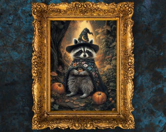 Halloween Witch Raccoon | Whimsigoth Gothic Forest Animal Print | Cozy Dark Academia Wall Art | Woodland Fall Decor | Digital Download