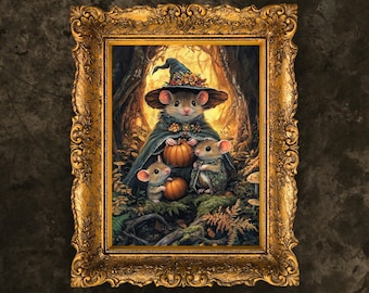 Halloween Witch Mouse Family Art Print – Whimsigoth Mice in Autumn Forest Mushrooms and Blooms | Trick or Treat Autumn Samhain Cute Animal