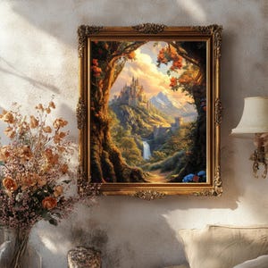 Fantasy castle print framed in ornate gold, placed in a cozy floral-lit room. Glowing skies and enchanted forest scenery capture the essence of lost kingdoms. Great for whimsigoth interiors, romantasy collectors, and fairy-tale lovers who adore TOG, ACOTAR, and magical art.
