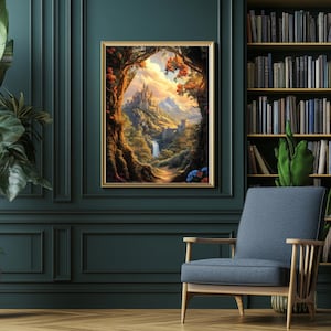 Vertical romantasy art print hanging in a moody green reading room, showing a magical mountain valley and distant castle. Ideal for book lovers, Sarah J. Maas fans, and those curating a bookish, enchanted forest atmosphere. A dreamy piece for castlecore and TOG-inspired decor.