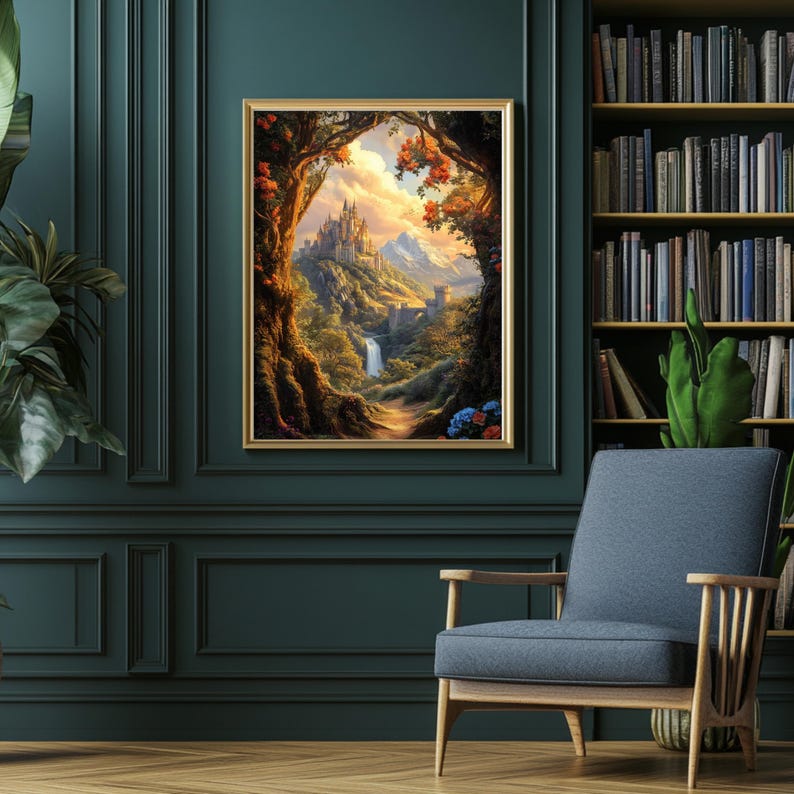 Vertical romantasy art print hanging in a moody green reading room, showing a magical mountain valley and distant castle. Ideal for book lovers, Sarah J. Maas fans, and those curating a bookish, enchanted forest atmosphere. A dreamy piece for castlecore and TOG-inspired decor.
