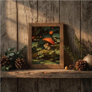 Mushroom and mouse fantasy artwork, digital print designed for nature lovers, woodland nursery, and fairycore spaces.