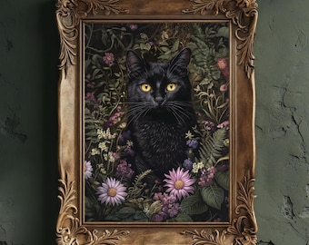 Stampa artistica di gatto nero / Decorazione murale gotica Dark Academia, opera d'arte botanica di Halloween Whimsigoth / Download digitale di gatto mistico Strega familiare