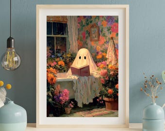 Cozy Ghost Reading in Floral Bathroom Art Print | Whimsical Halloween Digital Download | Cottagecore Spooky Wall Decor Gothic Witchy Poster