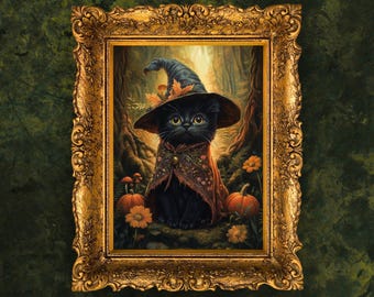 Halloween Black Cat Print: Gothic Kitten Witch Wall Art (Digital Download