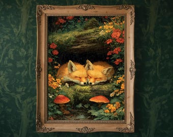 Sleeping Foxes Art Print | Enchanted Forest Woodland Wall Art, Fox Nursery Decor, Sage Green Nature Illustration, Cozy Animal Painting