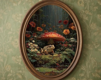 Mushroom and Frog Art Print | Whimsical Woodland Cottagecore Wall Decor, Enchanted Forest Toad, Fairycore Dark Academia Digital Download