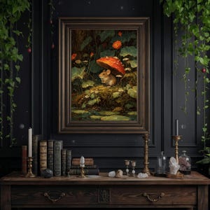 Mushroom and mouse artwork, enchanted forest style illustration perfect for nursery wall decor or fantasy home spaces.