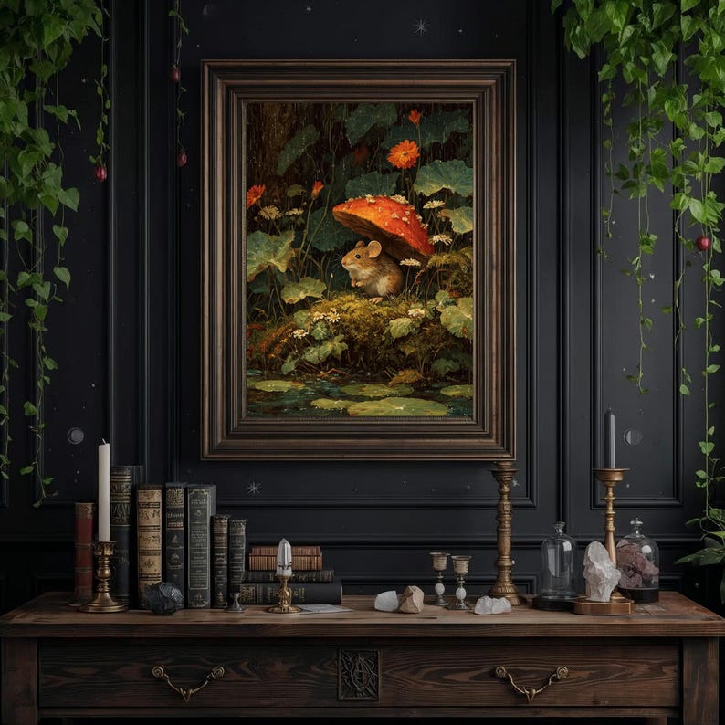 Mushroom and mouse artwork, enchanted forest style illustration perfect for nursery wall decor or fantasy home spaces.