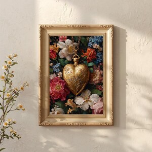 Pode incluir: Uma impressão floral emoldurada com um pingente de medalhão dourado em forma de coração. O medalhão pende em frente a um arranjo vibrante de flores coloridas, incluindo flores vermelhas, rosas, brancas e azuis. A moldura é de cor creme claro com detalhes ornamentados.