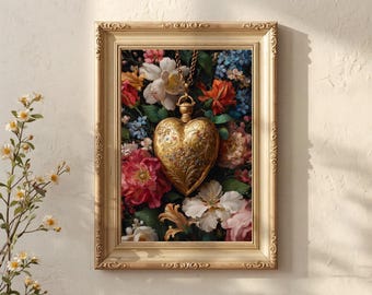 Heart Locket Botanical Art Print | Vintage Inspired Floral Valentine Wall Art, Dark Cottagecore Coquette Decor, Romantic Artwork