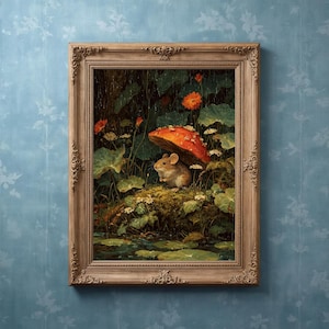 Fantasy mouse artwork with mushrooms, whimsical woodland illustration for nature-inspired home decor.