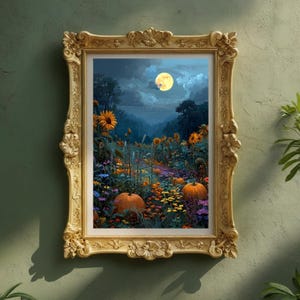Könnte beinhalten: Ein gerahmtes Kunstwerk zeigt eine mondbeschienene Landschaft mit Sonnenblumen, Kürbissen und bunten Wildblumen. Das Gemälde befindet sich in einem goldenen, verzierten Rahmen und erzeugt eine Vintage-Ästhetik. Die Szene erinnert an Herbst und Ernte.