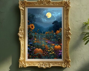 Pumpkin Patch Full Moon Print | Autumn Harvest Wall Art | Cottagecore Halloween Decor | Whimsical Witchy Fall Sunflower Landscape Poster