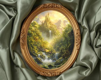 黄金の滝 キャッスルコア プリント | ロード・オブ・ザ・リング風ファンタジー風景、裂け谷風ウィムゴス風装飾、セージグリーンの壁アート