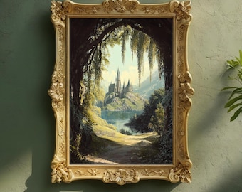 Konsttryck med pilträdsfantasislott | Väggkonst med salviagrönt tecken | Whimsigoth magisk sjö Castlecore-dekor | Stämningsfullt förtrollat landskap