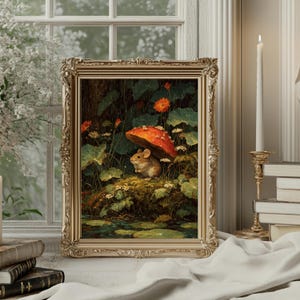 Whimsical forest animal art print featuring a mouse resting among mushrooms, cottagecore and fantasy home decor.