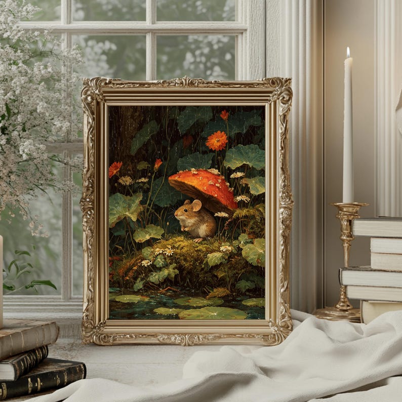Whimsical forest animal art print featuring a mouse resting among mushrooms, cottagecore and fantasy home decor.