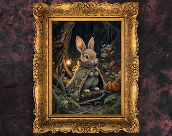 Whimsigoth Halloween Witch Bunny Print – Dark Cottagecore Fantasy Animal Art for Spooky Season | Dark Academia Digital Download