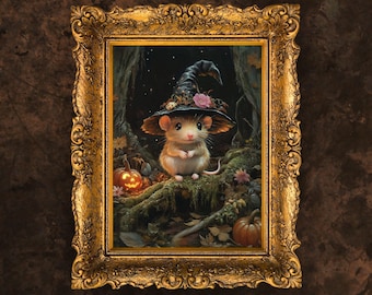 Halloween Witch Mouse Art Print | Whimsigoth Cottagecore Spooky Moody Animal Pumpkin Decor | Cute Dark Academia Digital Instant Download