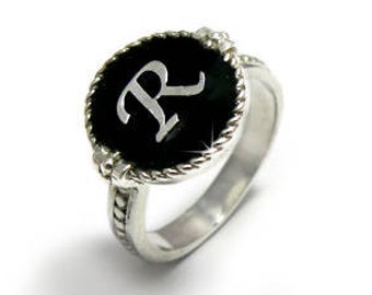 Silver Black Ring, ID Ring, Letter Signet Ring, Silver Initial Ring, Personalized Initial Signet Ring, Black Initial Ring, Initial Seal Ring