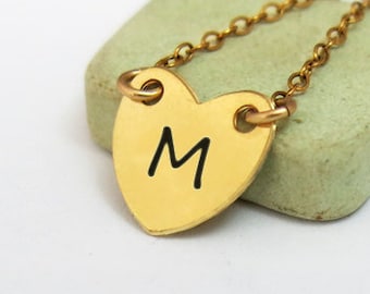 Personalized Heart Necklace, Gold Heart Necklace, Custom Initial Charm, Engraved Necklace, Heart Initial Necklace, Dainty Heart Necklace