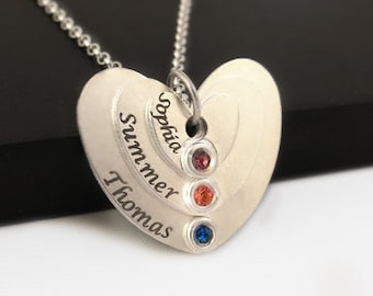 Custom Mom Necklace, Birthstone Name Necklace, Personalized Gift Necklace, Child Name Necklace, Kids Name necklace, Stacked Heart Necklace.