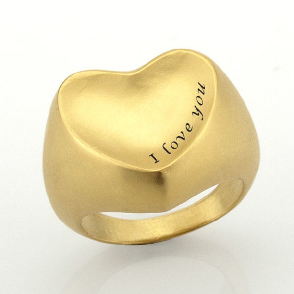 Gold Heart Ring, Personalized Ring, Love Ring, Engraved Ring, Custom Heart Ring, Monogram Heart Ring, Big Heart Ring, Heart Name Ring.