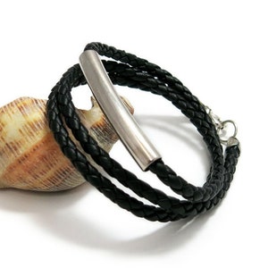 Silver Black Bracelet, Mens Leather Bracelet, Leather Wrap Bracelet, Braided Leather Bracelet, Silver Leather Cuff, Woven Leather Bracelet