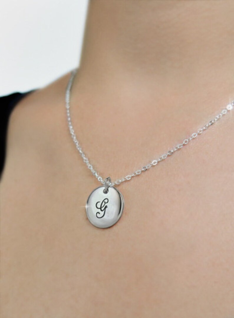 Initial Disc Necklace, Personalized Initial Necklace, Silver Monogram Necklace, Bridesmaid Initial Necklace, Silver Letter Necklace image 3