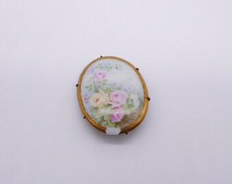 Broche Barre En Porcelaine Peinte à La Main - Fleurs Roses Vintage (occasion)