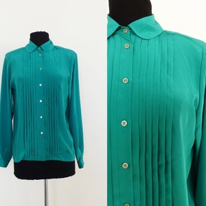 1980s Womens Kelly Green Long Sleeve Blouse