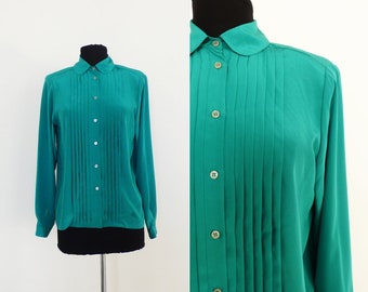 1980s Womens Kelly Green Long Sleeve Blouse