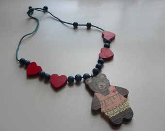 1980s Wooden Teddy Bear Necklace