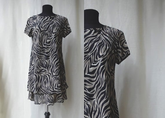 1990s Animal Print Tiered Chiffon Shift Dress