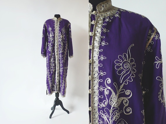 1970s Moroccan Purple Caftan With Soutache Trim