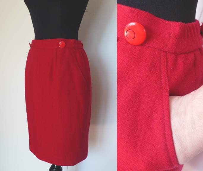 Vintage Red Wool Pencil Skirt Pockets Etsy