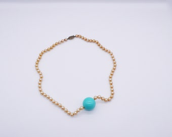 Vintage Chinese Pearl Bead and Turquoise Necklace | 26"