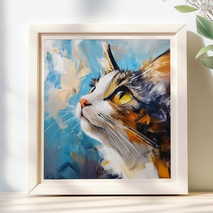 Poster di gatto calico. Arte murale con ritratto di gatto colorato. Decorazione per la casa per amanti dei gatti. Stampa in stile dipinto a olio vibrante. Arazzo da parete con gattino.