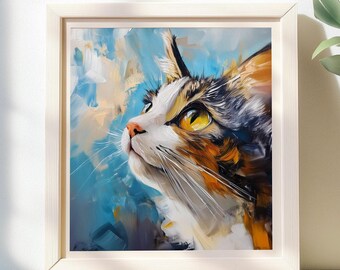 Calico cat poster. Colorful cat portrait wall art. Cat lover home decor. Vibrant oil painting style print. Kitty wall hanging.