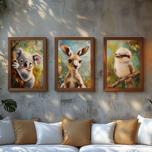 Set di poster con canguro, koala e kookaburra. Decorazione murale a tema Australia. Stile dipinto a olio Outback. Arte murale per la cameretta dei bambini. Decorazione per la sala giochi.